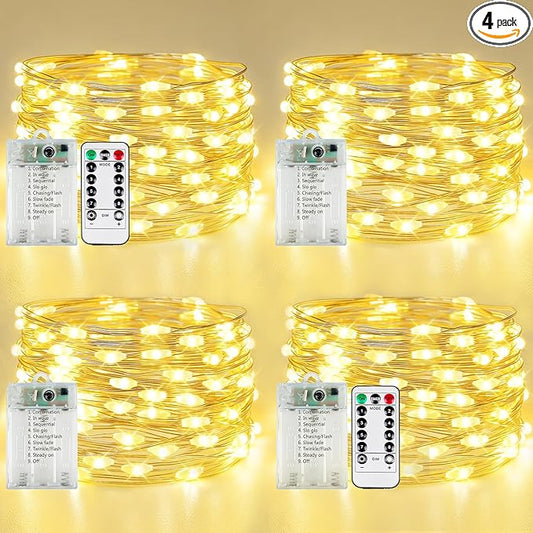 4 Pack Fairy Lights Battery Operated with Remote Control Timer, LED String Lights Outdoor Indoor Decorations, 8 Modes Twinkle Lights for Christmas Party Wedding Birthday Bedroom Décor (Warm White)