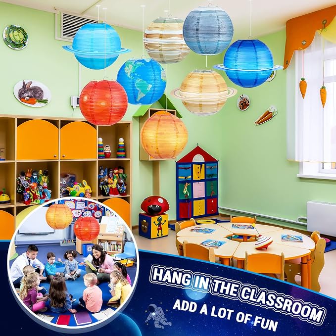 Hortsun 8 pcs 12inch Space Paper Lanterns,Hanging Planets Lanterns, Out of This World Solar System for Classroom Birthday Party Decor, Outer Space Theme Hanging Decorations