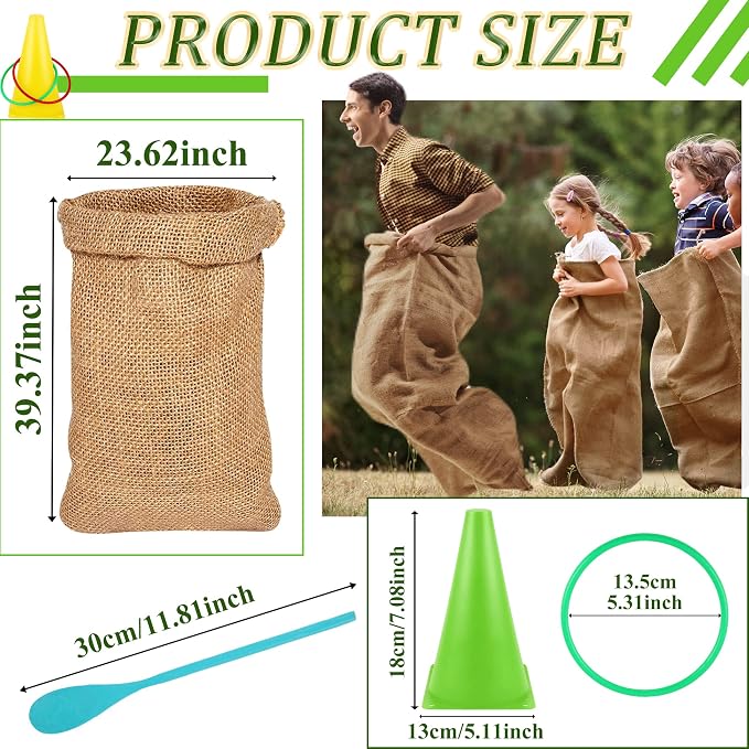 51 Pcs Carnival Outdoor Games Set Potato Sack Race Bags 3 Legged Race Bands Egg and Spoon Game Colorful Rings Cone Throwing Game with Prizes and Whistles for Family Yard Lawn Birthday Party Games