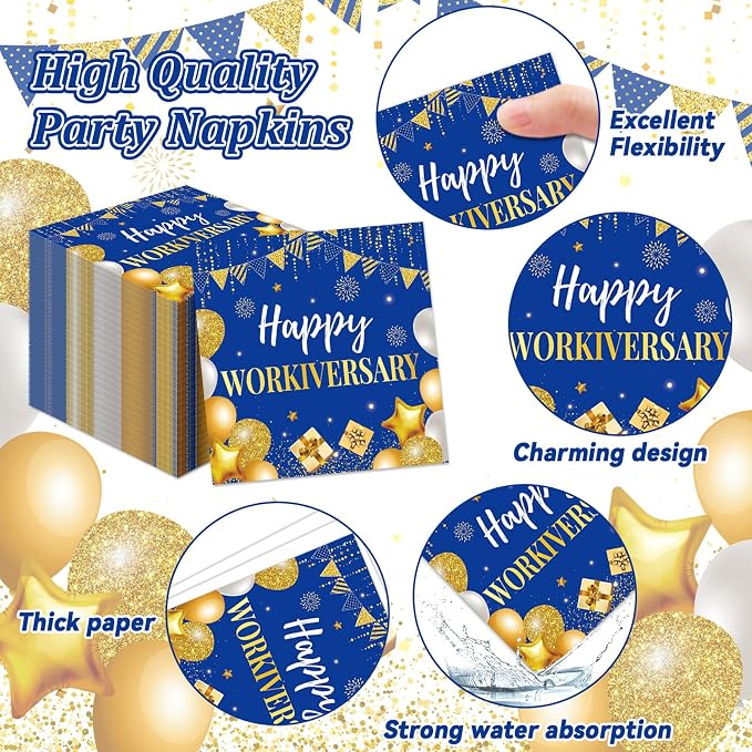 Justforjoyful 96Pcs Happy Work Anniversary Party Supplies Blue Gold Happy Workiversary Tableware Dinnerware Set Worker Appreciation Plates Napkins Decorations for Women Men Office Employee Worker