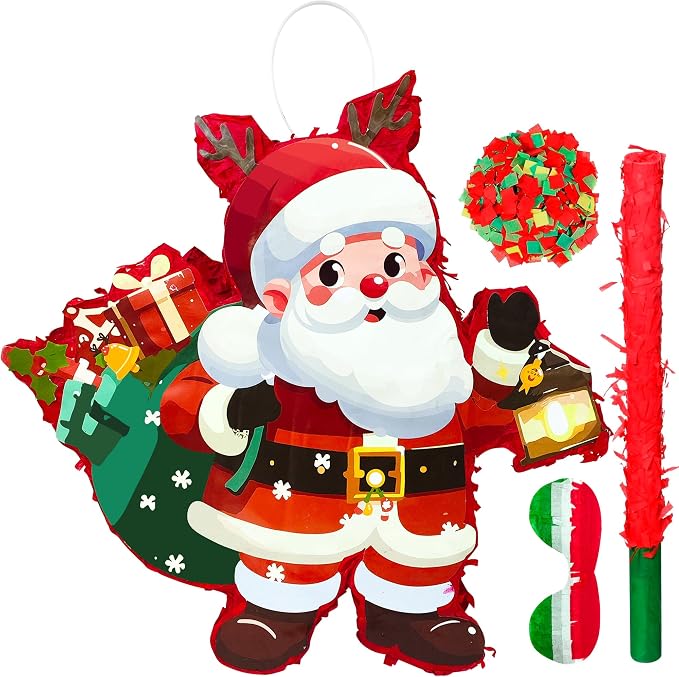 4 in 1 Christmas Santa Claus Piñata, Christmas Piñata Bundle Cute Santa Claus Piñata, Christmas Party Games Stick Blindfold etc Christmas Decorations for Christmas Party Decorations