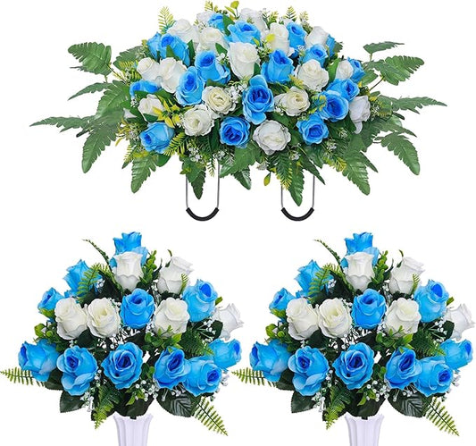 Artificial Cemetery Flower Saddles, Cemetery Memorial Flowers with Vase,Outdoor Grave Saddle Headstone Decorations, Artificial Rose Bouquet Grave Memorial Flowers (Blue White)