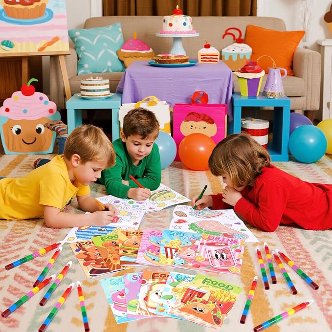 BenLouis 24 Fast Food Mini Coloring Books Kids with 24 Stacking Crayons Snacks Donut Pizza Party Favors Activity Books Bulk for Kids Delicious Fast Food Goodie Bag Gift Stuffer Classroom Reward