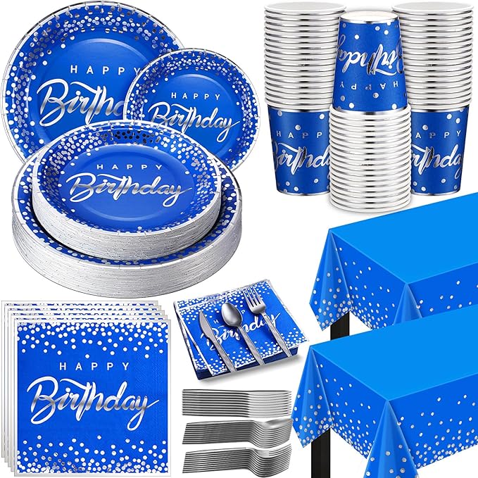 352 Pcs Blue and Silver Birthday Party Tableware Set for 50 Guests Silver Dot Paper Plates Cups Napkins Plastic Tablecloths Forks Knives Spoons Blue Party Supplies for Birthday Wedding Decorations