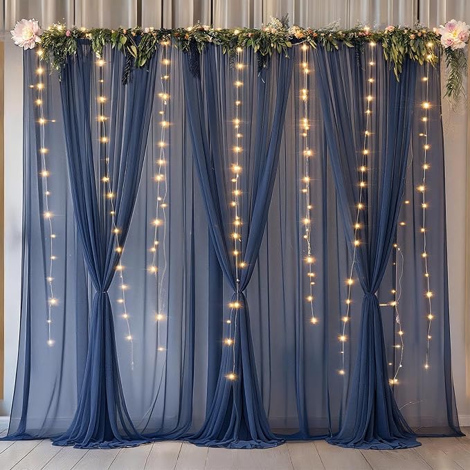 10x10ft Navy Blue Tulle Backdrop Curtain with Lights String for Parites, Sheer Photo Backdrop Curtains with Lights for Wedding Backdrop Ceremony Reception Bridal Shower Baby Shower Birthday Party