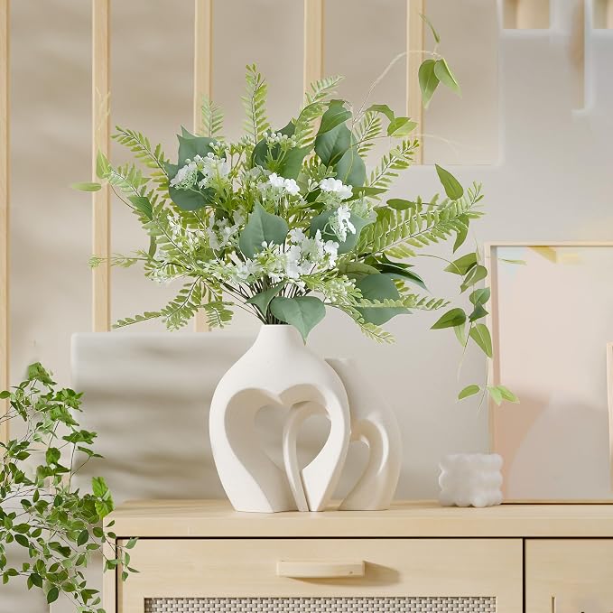 White Ceramic Flower Vases Table Decor Heart Shaped Vase Set of 2 | Nordic Heart Shaped Vases Minimalist Decorative Vase for Table Centerpiece Wedding Dining Living Room Office House Decoration