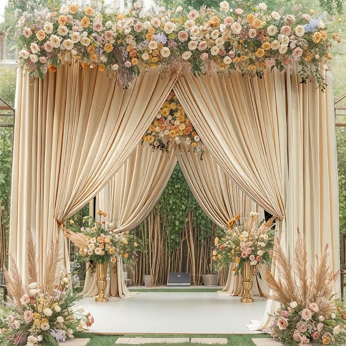 30ft x 8ft Wrinkle Free Beige Backdrop Curtains for Parties Weddings, 6 Panels 5×8ft Soft Silk Polyester Photo Backdrop Drapes for Birthday Baby Shower Baptism Photo Photography Background Cloth