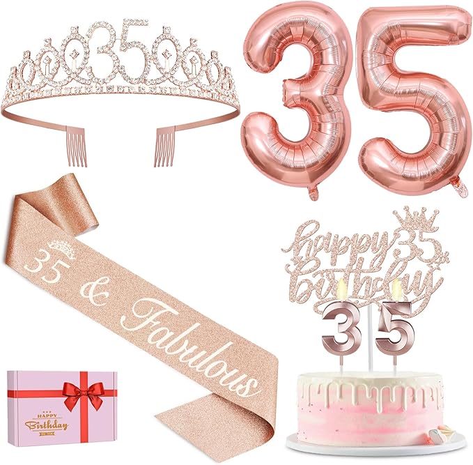 35th Birthday Decorations for Women, Including 35th Birthday Sash and Tiara, Cake Topper and Candles, Number Balloons, 35 Year Old Gifts for Women