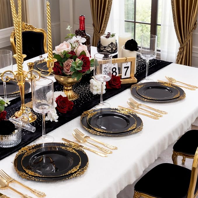 125PCS Black and Gold Plastic Plates - Black Disposable Dinnerware Set - Vintage Plastic Plates with Gold Silverware for 25 Guests for Wedding Party