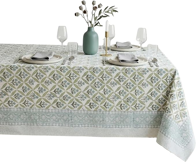 ATOSII Netta Green 100% Cotton Rectangle Spring Summer Tablecloth, Handblock Floral Print Linen Table Cloth for Kitchen Dining I Parties, Weddings, Outdoors, Easter Decor 60 X 90 Inches, 6 Seater