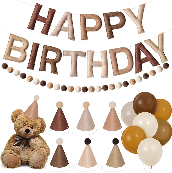 Kriyokiaa Pre-Strung Felt Happy Birthday Banner Retro Brown Happy Birthday Party Decorations with Party Hats for Stuffed Animals, Pom Pom Garland and Balloons for Women Men Boys Girls Party Decor
