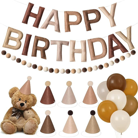 Kriyokiaa Pre-Strung Felt Happy Birthday Banner Retro Brown Happy Birthday Party Decorations with Party Hats for Stuffed Animals, Pom Pom Garland and Balloons for Women Men Boys Girls Party Decor
