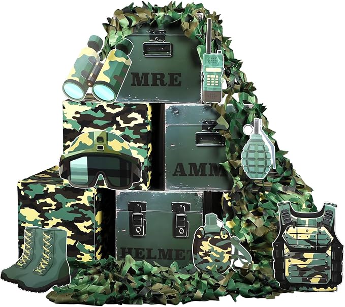 party greeting Camo Birthday Party Decorations Camo Party Boxes Decor Camouflage Netting Army Boxes Camouflage Photo Booth Props for Hunting Military Army Enthusiasts Boys Birthday Jungle Supplies