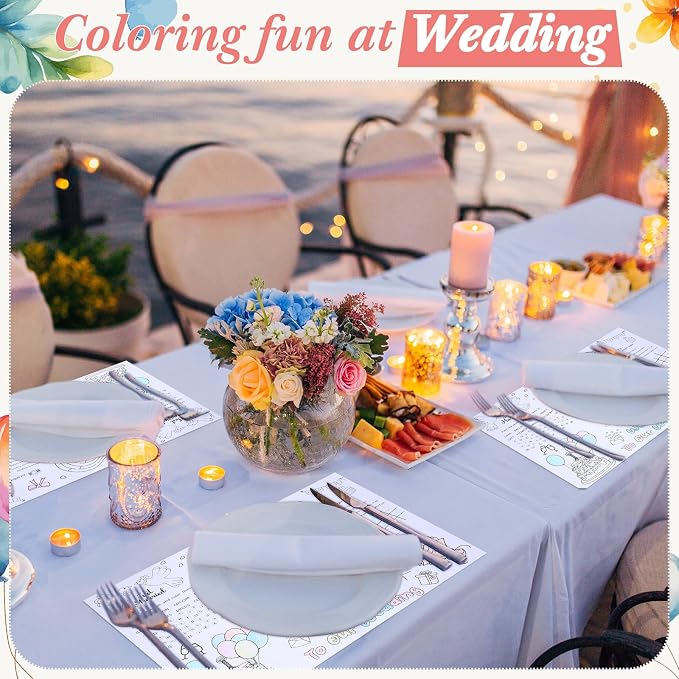 25 Set Wedding Games for Reception Wedding Coloring Placemats with Crayons 15.7 x 11 Inch Coloring Wedding Place Mats for Wedding Games Favors Entertainment Party Supplies