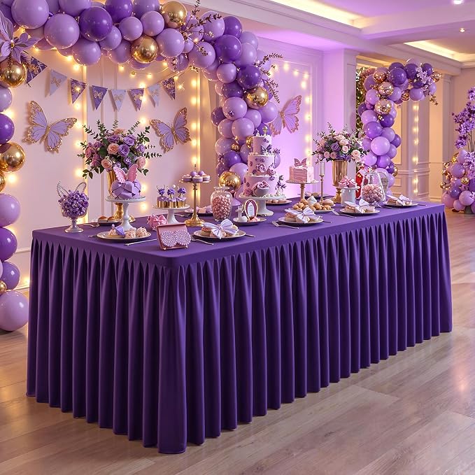 Purple Polyester Table Cloths for Rectangle 6 Foot Tables, 1 Pack Wrinkle Free Tablecloths Stretchy Banquet Ruffle Fitted Table Cover Desk Skirt for Parties Wedding Birthday Baby Shower