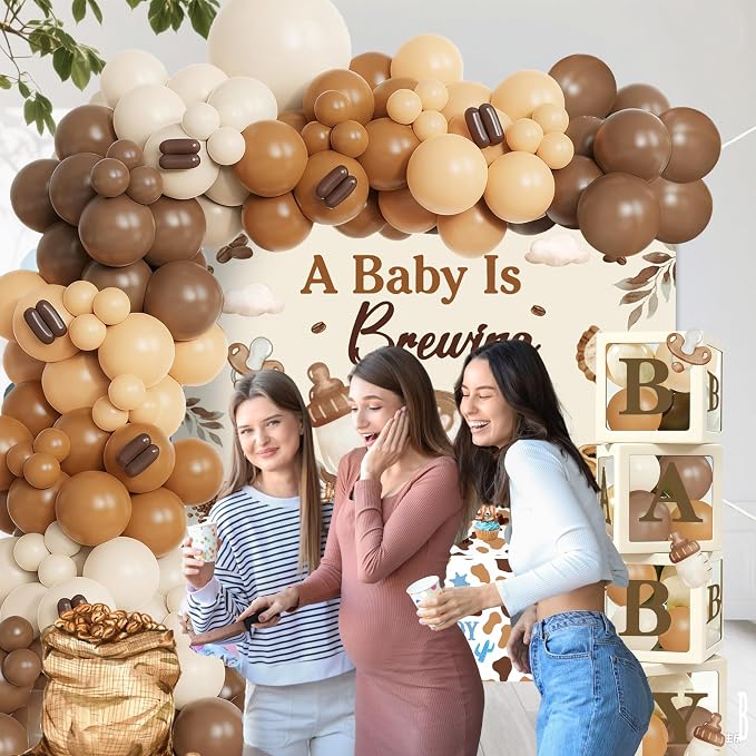A Baby Is Brewing Baby Shower Decorations - Coffee Theme Party Supplies Include Balloon Garland Arch, Backdrop, Tablecloth, 4 Boxes, Cake Toppers - Neutral Brown Latte Decor