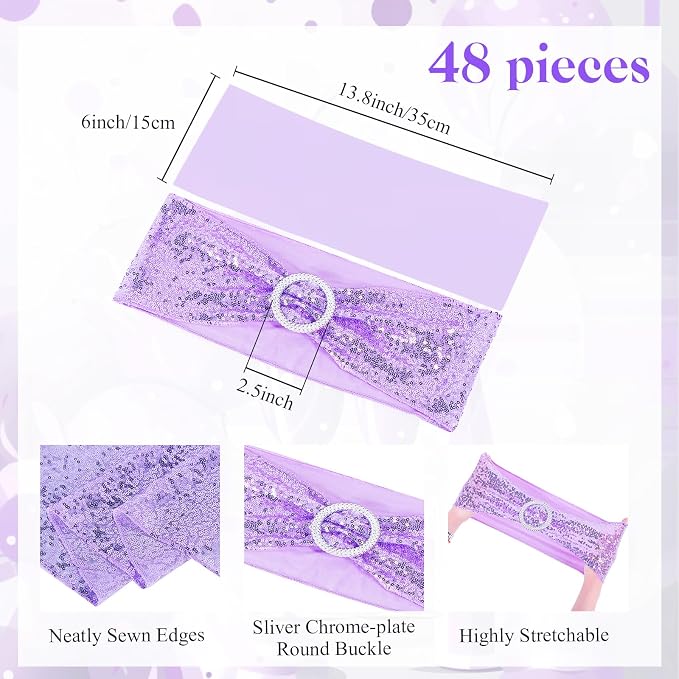 Newwiee 54 Pcs Rose Purple Sequin Chair Sashes and Table Runners, 48 Sequin Chair Bows, 6 Glitter Table Runners for Birthday Party Wedding Banquet Holiday Decorations