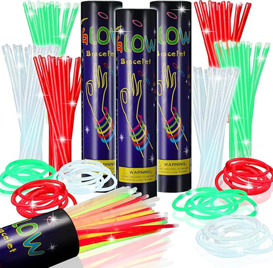 Hanaive 300 Pcs Glow Sticks Bulk 8 Inch Glow in The Dark Party Favors Neon Bracelet and Necklace Light up Sticks with Connectors for Anniversary Birthday Party Supply(Red, Green, White)
