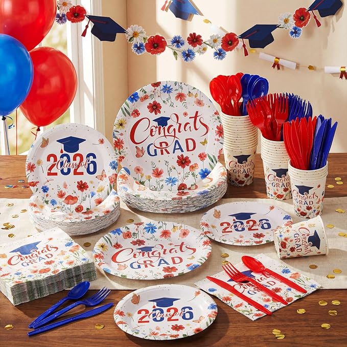 400 Pcs 2026 Red White Blue Graduation Decoration for 50, Red Blue Floral Graduation Paper Plates Napkins Cups Cutlery Flower Grad Tableware for Class of 2026 Congrats Grad Party Supply