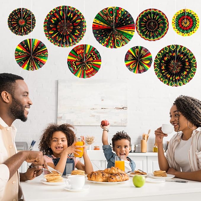 Outus Black History Month Decorations Paper Fans Juneteenth Hanging Paper Fans Kente Ceiling Wall Garland for African American Party Bulletin Board Classroom Decor (18 Pcs,Design)