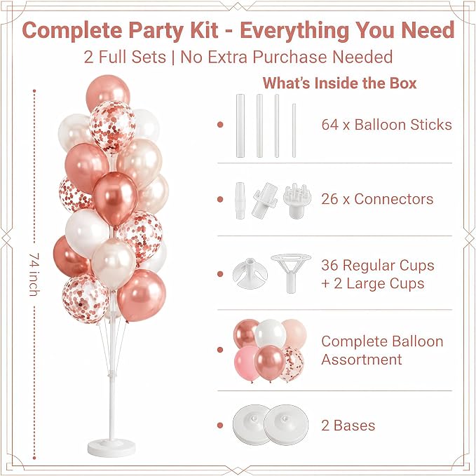 Hiins Balloon Column Kit Set of 2 With Balloons Included - with Base, and Pole,Balloon Tower Backdrop Decoration for Wedding, Baby Shower, Birthday Party, or Bachelorette Parties (Rose)