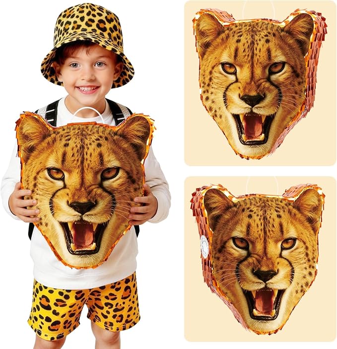 WERNNSAI Cheetah Piñata - Cheetah Party Decorations Jungle Leopard Piñata with Blindfold and Bat for Kids Boys Birthday Classroom Party Game Supplies Safari Birthday Decorations