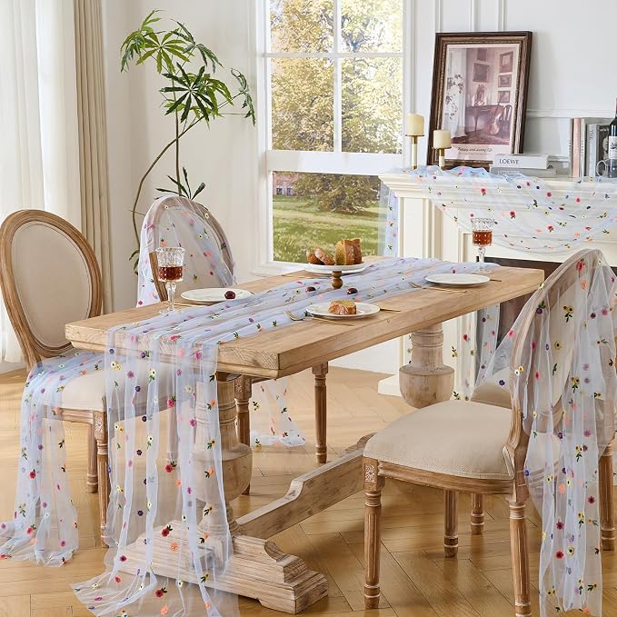 BINBE 3pcs Daisy Spring Table Runner Embroidery Gauze 10FT Florals Seasonal Tulle Holiday Birthday Kitchen Dining Table Decor for Home Party Blue