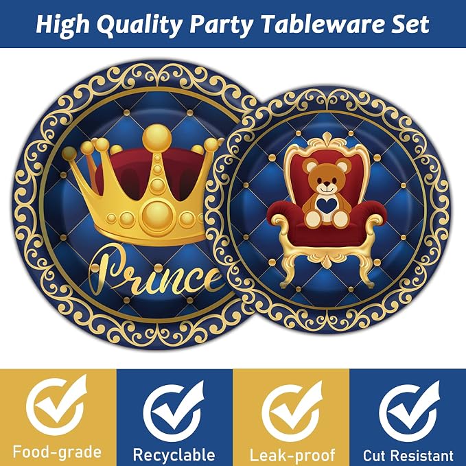 chiazllta 96 Pcs Royal Blue Prince Party Paper Plate and Napkins Supplies Little Blue Prince Theme Baby Shower Dinnerware Decor Blue and Gold Crown Paper Plate Napkin Fork for Party Favors 24 Guests