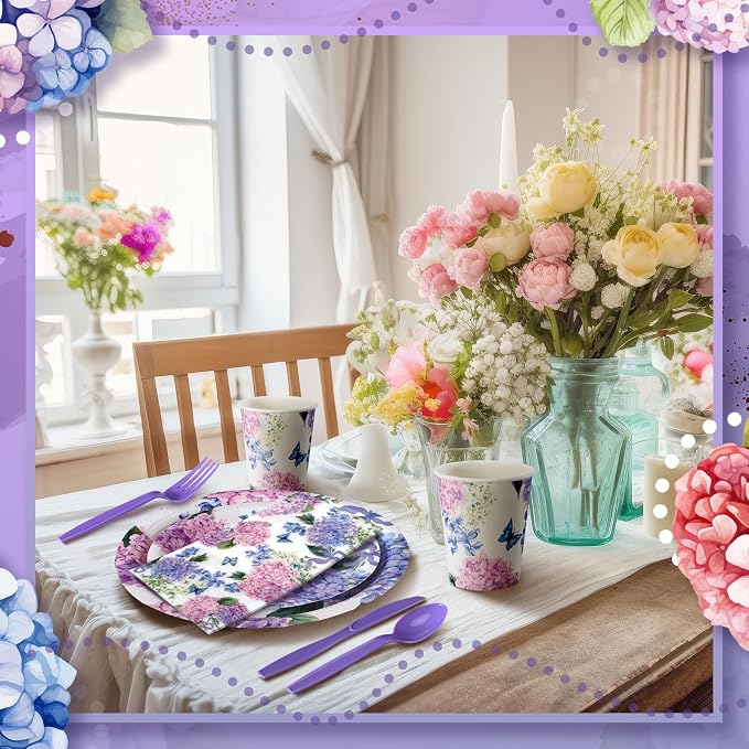 400 Pcs Hydrangea Flowers Spring Plates and Napkins Bridal Shower Plates and Napkins Sets Baby Shower Party Decorations Disposable Dinnerware Set