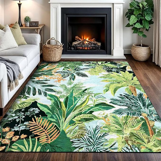 5' x 7' Tropical Leaf Area Rug for Living Room Jungle Plant Carpet Green Forest Floor Mat Modern Doormat for Kids Dining Room Bedroom Playroom Laundry Nursery