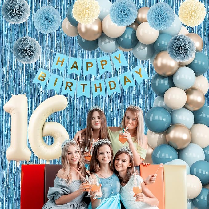 Dusty Blue 16th Birthday Party Decorations Boys Girls Beige Cream Number 16 Balloon with Blue Gold Happy Birthday Banner Fringe Curtain Paper Pom Poms Nude White Sand Champagne Star Foil Balloons