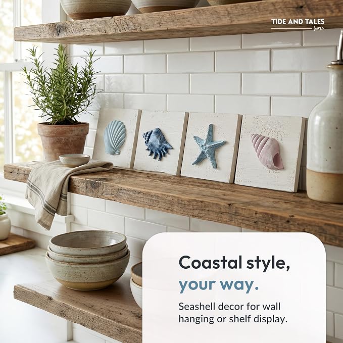 TideAndTales Beach Decor Seashell Wall Art - (Set of 4) Textured 3D Shells and Starfish Decorations for Home or Beach House, Rustic Ocean Theme Coastal Bedroom or Bathroom Wall Decor 6" x 6"