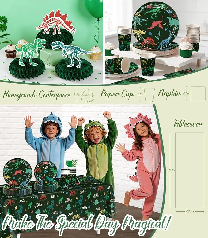Dinosaur Birthday Decorations for 25 Guests, 293PCS All-in-One Dinosaur Party Decorations Set with Balloons, Plates, Tablecloth, Backdrop & Centerpieces, Easy Setup for Dino Party Supplies