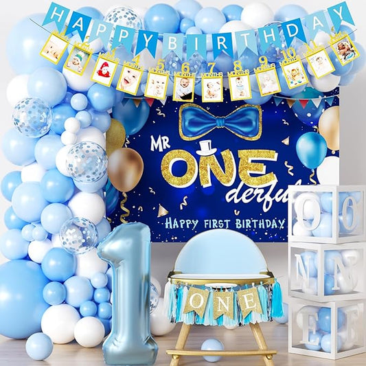 Baby Boy First Birthday Decorations Blue 1 Year Old Birthday Party Supplies for Baby Boy with Balloons Garland kit Mr. Onederful Backdrop Balloons Curtains High Chair Burlap Banner Party Boxes