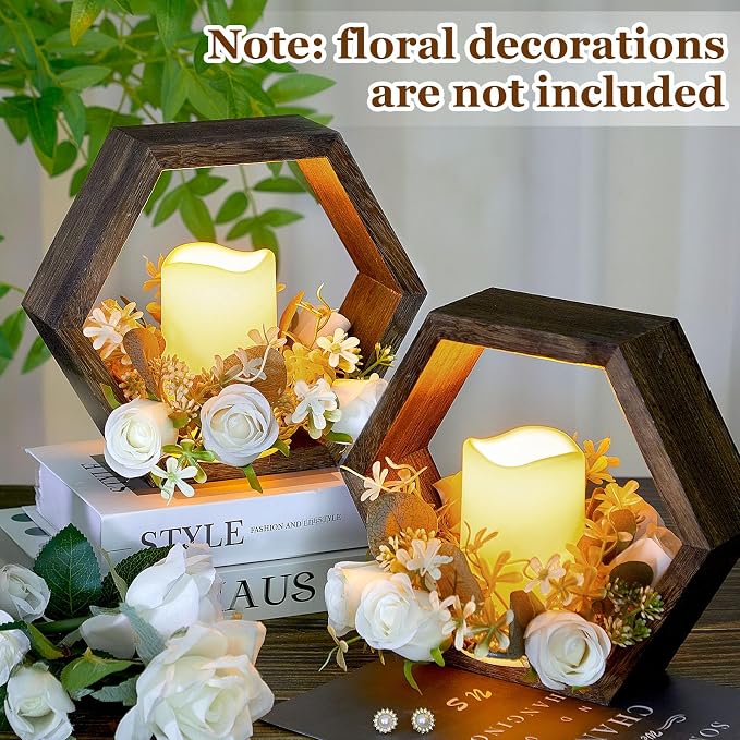 Colingmill 16 Pcs Wooden Candle Lantern Set Includes 8 Rustic Wedding Centerpieces for Table Decorative Candle Lanterns and 8 Flameless Decorative LED Candles for Wedding, Dark Brown, Hexagon