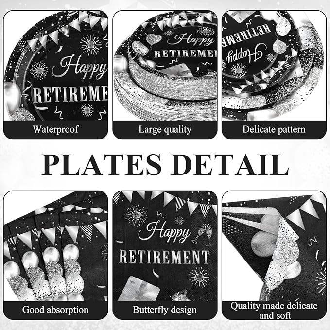 Funnymoom 452 Pcs Retirement Party Decorations Supplies Set Include Black and Silver Retirement Paper Plates Napkins Cups Tablecloth Cutlery Straws for Men Women Say Goodbye Party