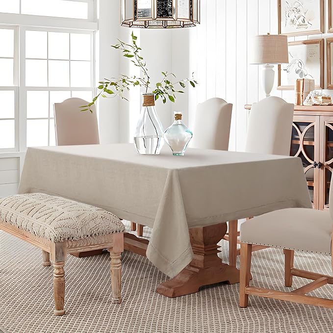 Linen World Hemstitch Linen Tablecloth,French Linen Natural Tablecloth 108" x 60" Inch,Washable Rectangular Table Cloth for Dining,Outdoor,Weddings and Restaurants,Decorative Thanksgiving Christmas