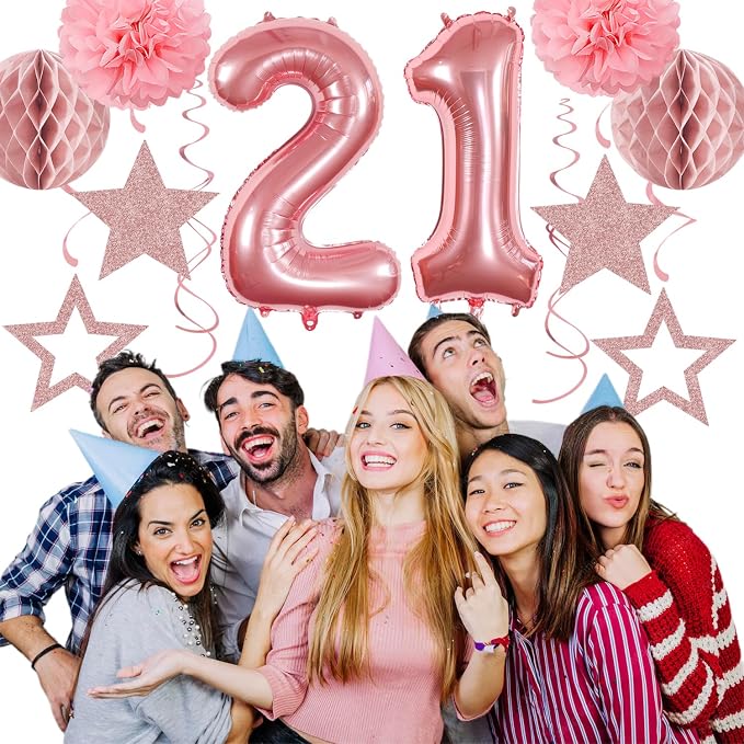 Rose Gold Light Pink White 21st Happy Birthday Party Decorations Hugmoon | 21pcs Kit 30th Balloon,Cute Girl Banner,Streamers,Tissue Paper Pom Poms Flowers Fans,Birthday Garlands Decor Backdrop
