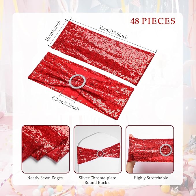 54 Pieces of Red Sequin Chair Ribbons and Table Runners, 48 Sequin Chair Bows, 6 Glitter Table Runners, Suitable for Wedding Parties Birthday Meeting Events Decorations (Red)