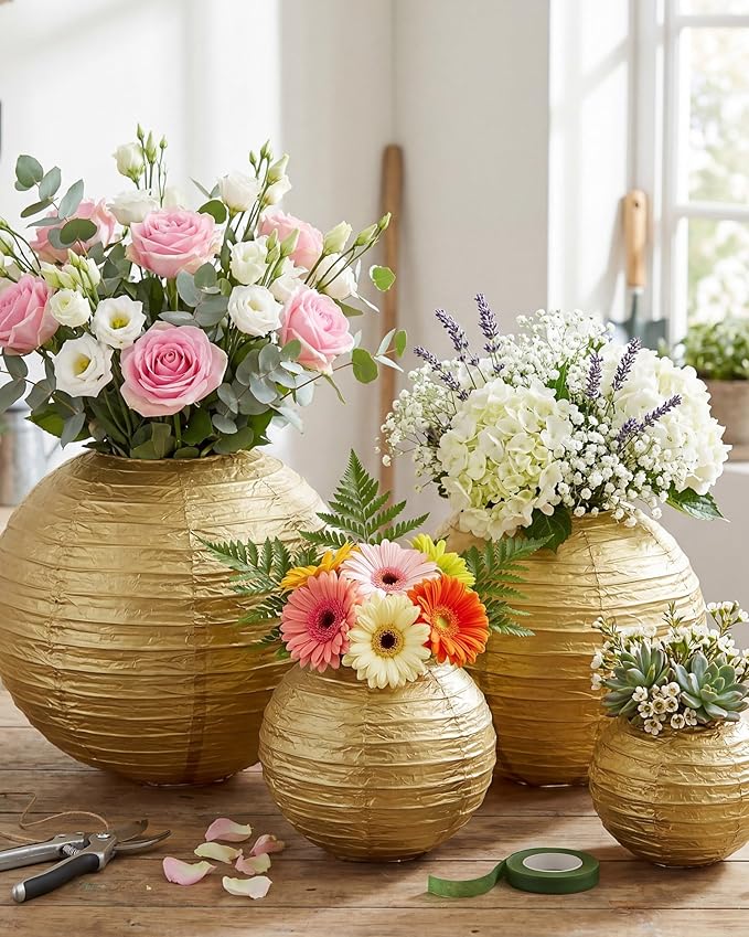 Treela 48 Pcs Paper Lanterns Party Decorations Chinese Round Paper Decor 4/6/8/10 Inch Asian Hanging Lamps Decorative for Graduate Wedding Birthday Party Bridal Parties Supplies(Gold)