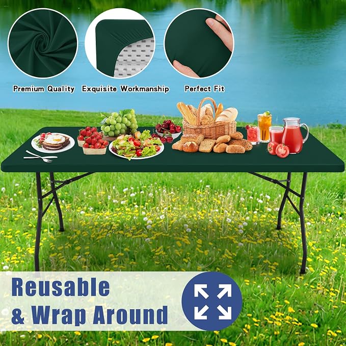 Moosfor Spandex 8 Foot Rectangle Table Cloth 4 Pack, Elastic Fitted Tablecloths for Picnic, Stretch Washable Patio Table Cover for Outdoor, Camping, Banquet and Parties (Hunter Green, 30"x96")