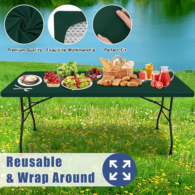 Moosfor Spandex 8 Foot Rectangle Table Cloth 6 Pack, Elastic Fitted Tablecloths for Picnic, Stretch Washable Patio Table Cover for Outdoor, Camping, Banquet and Parties (Hunter Green, 30"x96")
