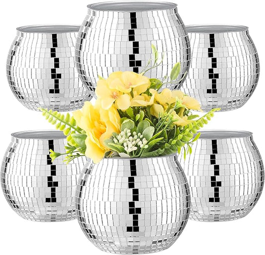 6 Pcs Disco Ball Vase Disco Ball Planter for Centerpieces Disco Ball Decor Flower Vase with Silver Mirror Glass for Wedding, Birthday, Party (4" X 4.7")