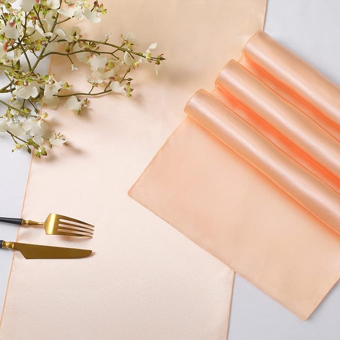 Horbaunal 12 Pack Peach Satin Table Runner 12 x 108 Inch, Smooth Table Runners for Wedding Banquets Birthday Party