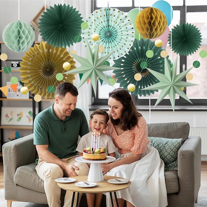 ADLKGG Sage Green Gold Party Decorations - Hanging Paper Fans Honeycomb Balls & Star Decor for Graduation, Gender Neutral Woodland Baby Shower, Bridal Shower, Birthday & Boho Wedding Photo Backdrop