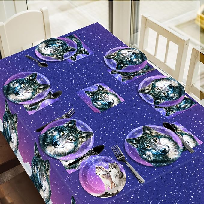 50 Guests Wolf Plates and Napkins Party Supplies Wolf Birthday Party Decorations Disposable Tableware Set Galaxy Animal Themed Dinnerware Favor for Kids Baby Shower Decorations, 200PCS