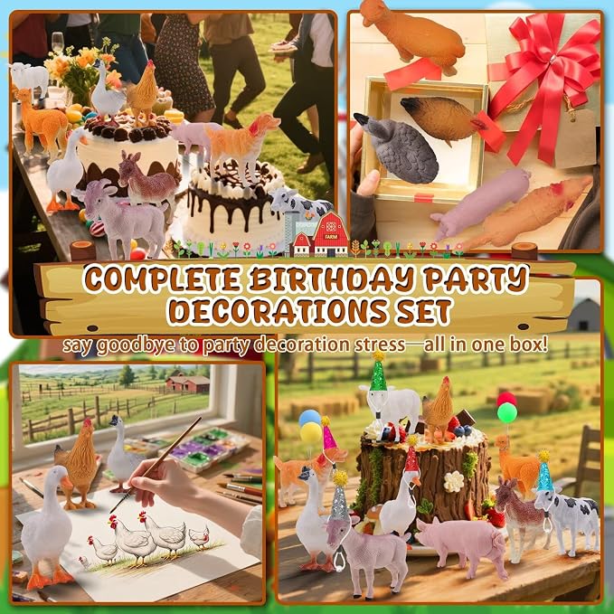 26 PCS Jungle Animal Birthday Party Decorations with Farm Animal Figurines, Mini Hats & Balloons, Cake Toppers for Birthday Party, Wild Animals Party Supplies(Farm Animal)