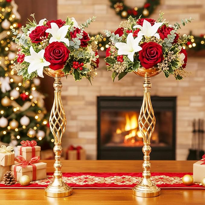 Gold Wedding Vases for Table Centerpieces - Twist Candleholder Stands, Elegant Floral Arrangement Vases, Metal Centerpieces for Reception Table Wedding Road-Leading Home Decor