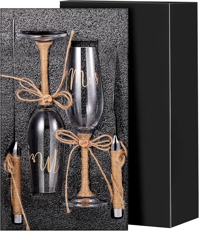 Boao 4 Piece Wedding Toasting Flutes and Cake Server Set Champagne Glasses and Cake Knife Server Set with Burlap Bow Mr and Mrs Flute Wedding Reception Supplies