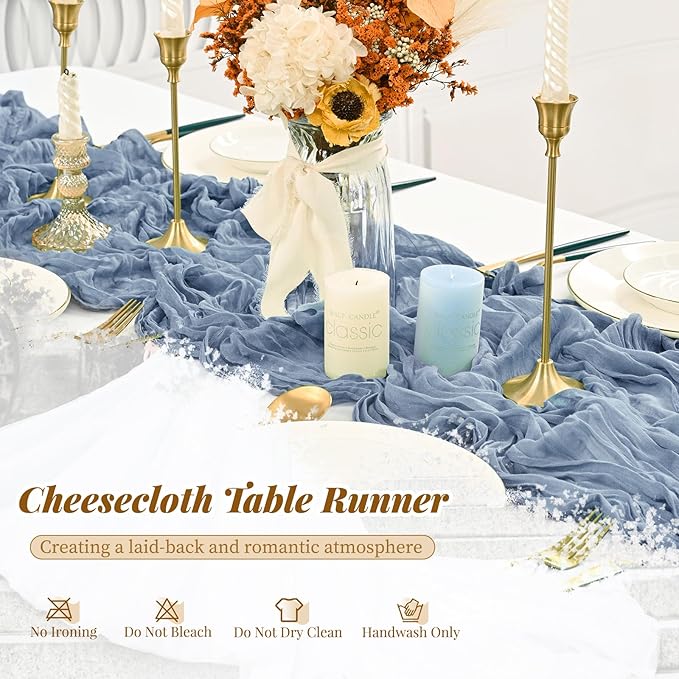 12 Pack Dusty Blue Table Runner, 10FT Cheesecloth Table Runner Long Romantic Semi Sheer Rustic Boho Gauze Table Runners for Wedding Bridal Shower Birthday Party Decorations(21.5×120 Inch)